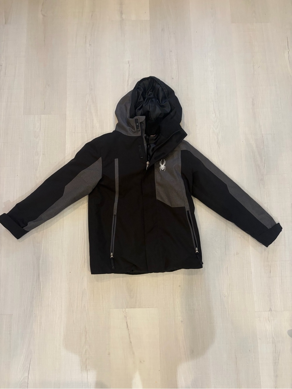 Spyder Kids Black and Gray Hooded Puffer Jacket